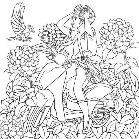 Coloring Page of a Girl on a Scooter with Birds and Flowers