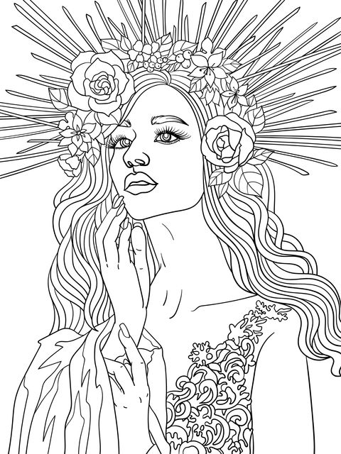 Dreamy Flower - Crowned Girl Coloring Page