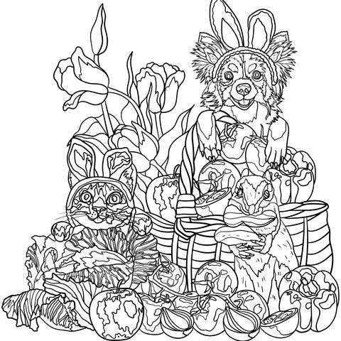 Adorable Pets with Vegetables and Flowers Coloring Page