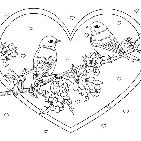 Blue Birds and Blooming Flowers Heart - Coloring Page