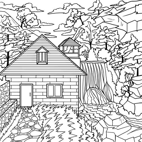 Mountain Cottage and Waterfall Coloring Page