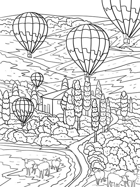 Paisaje idílico bajo globos aerostáticos coloridos