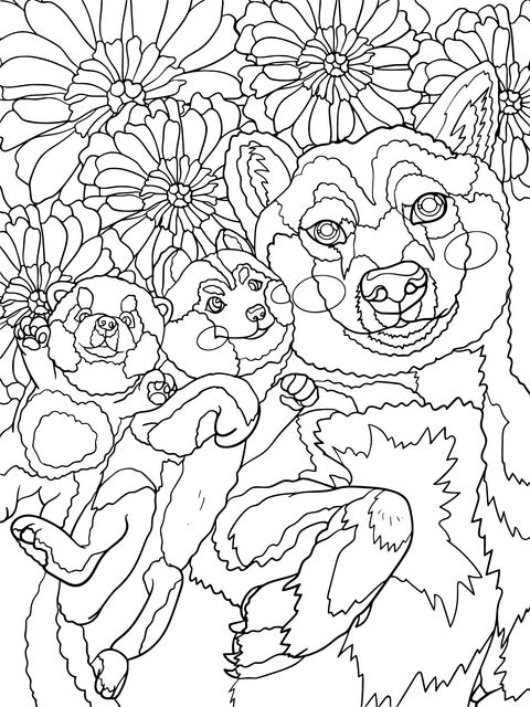 Página de colorear de adorables Shiba Inus y flores