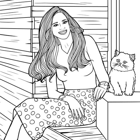 Girl and Cat Coloring Page