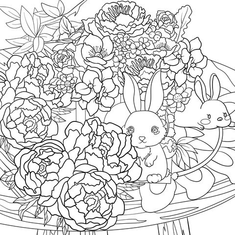 Página para colorir com tema de coelhos e flores