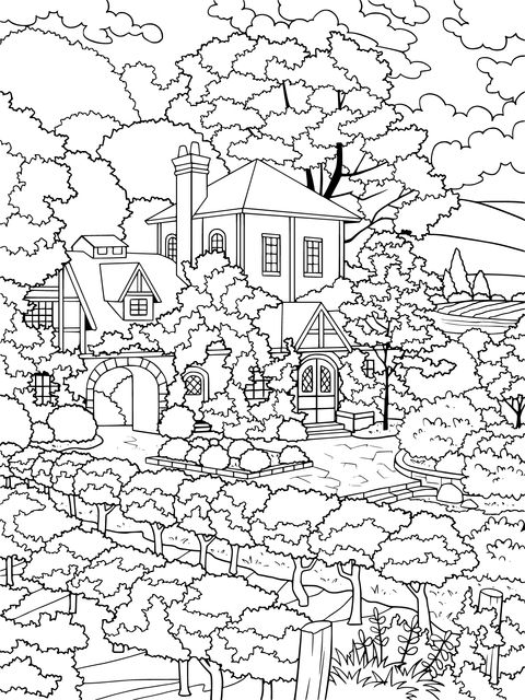 Rustic Cottage Landscape Coloring Page