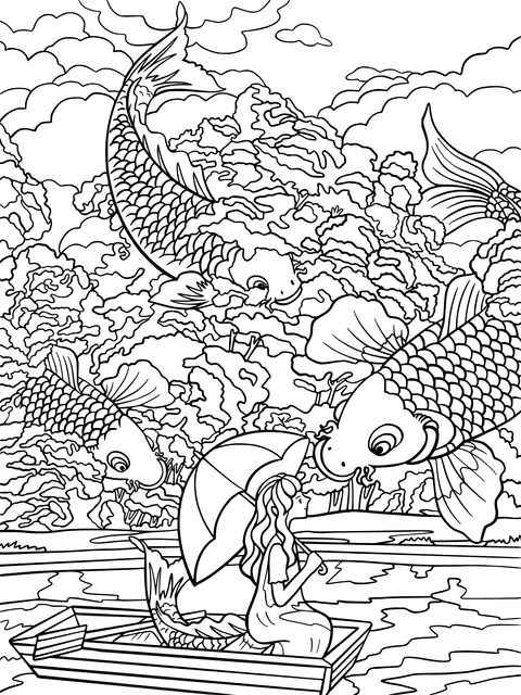 Coloring Page of a Girl Boating with Koi Fish