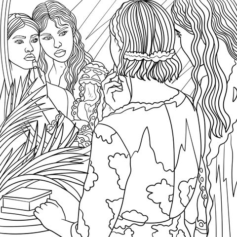 Coloring Page of Women Doing Makeup