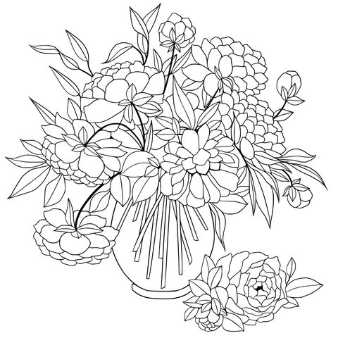 Coloring Page of Colorful Flowers in a Vase