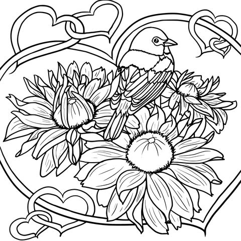 Página para colorear de pájaro y flores