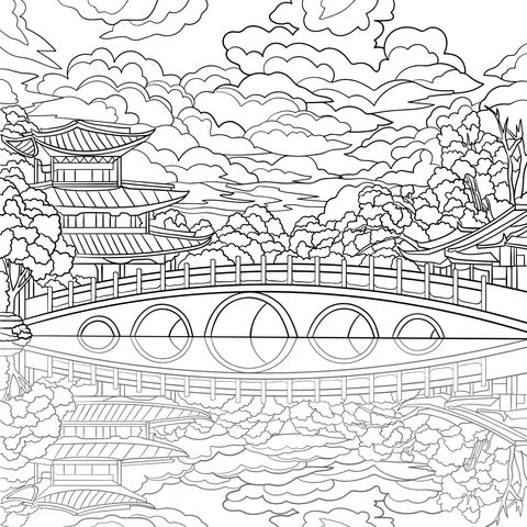 Chinese Garden Landscape Coloring Page