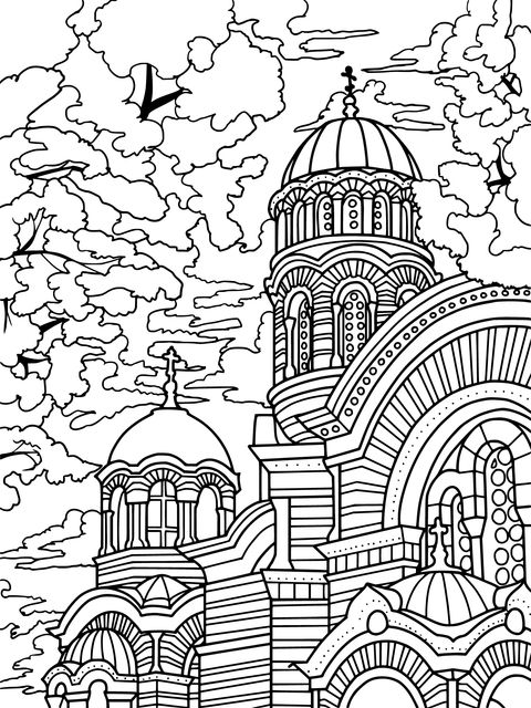 Página para colorear de paisaje de iglesia