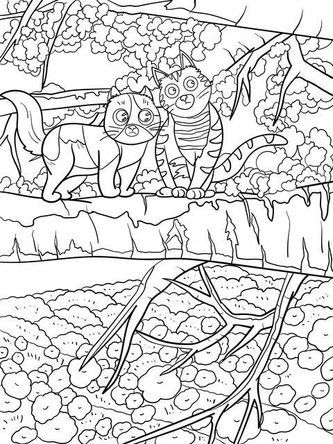 Coloring Page of Two Cats on a Branch