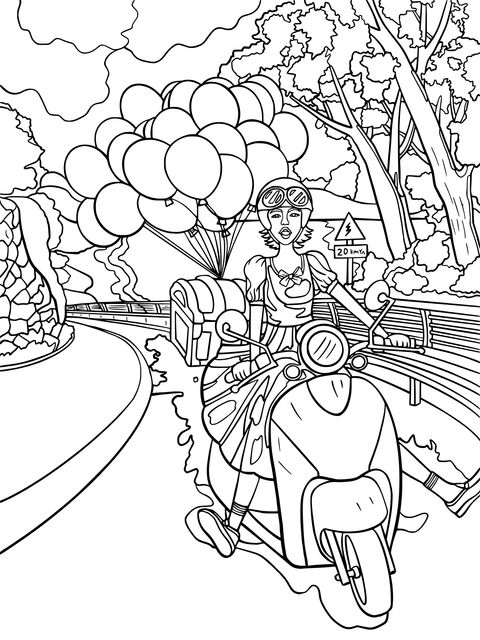 Coloring Page of a Girl Riding a Pink Scooter