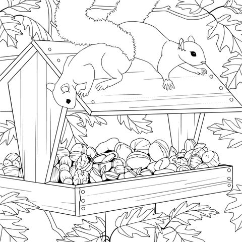 Autumn Coloring Page of Squirrels and Nuts