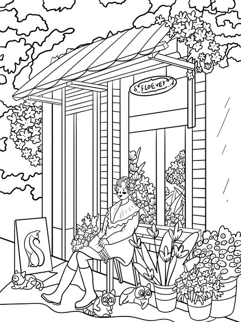 Woman and Cats in Front of a Flower Shop Coloring Page