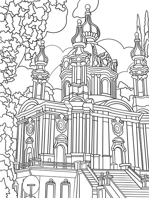 Lindo Pagina de Colorear de Paisaje de Iglesia