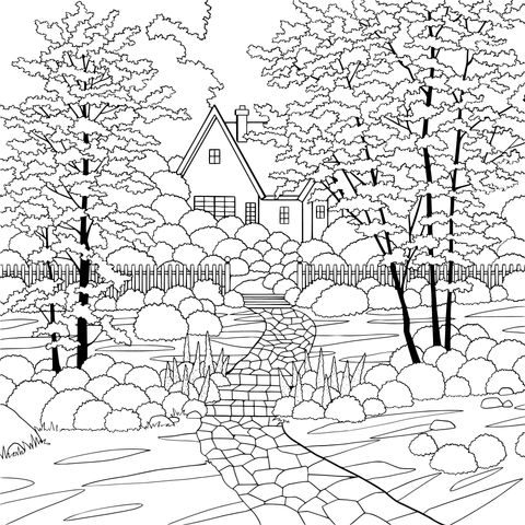 Rural Cottage Landscape Coloring Page