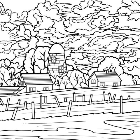 Rural Scenery Coloring Page