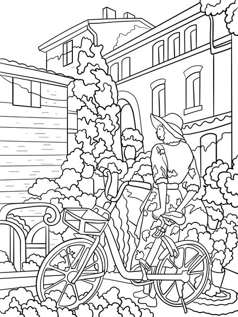 Lady with Bicycle Cityscape Coloring Page