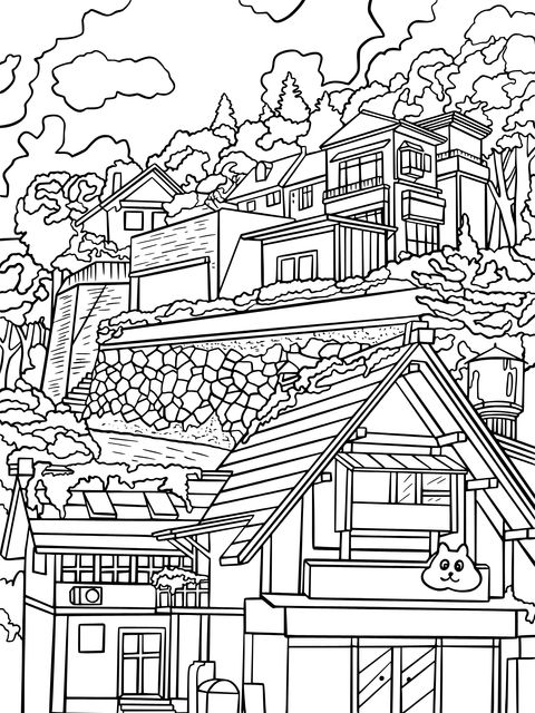 Colorful Village Landscape Coloring Page