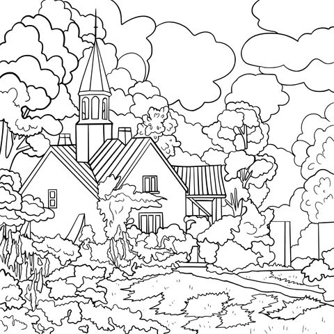 Rustic Cottage and Church Coloring Page