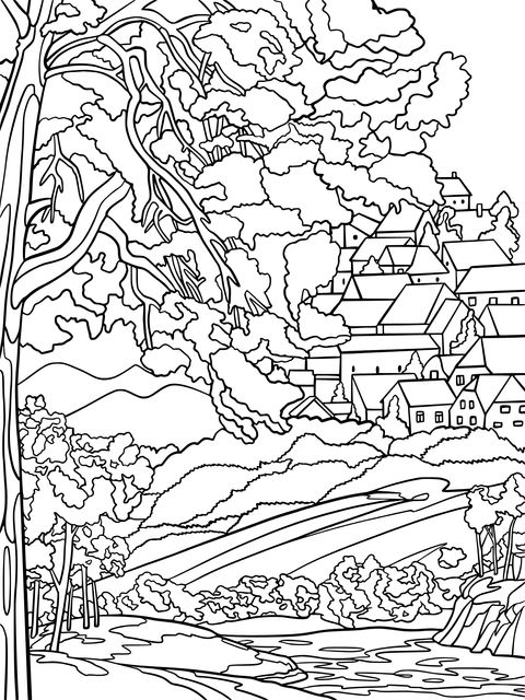 Riverside Mountain Town Coloring Page