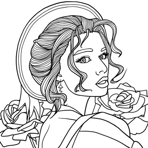 Fashionable Girl and Roses Coloring Page