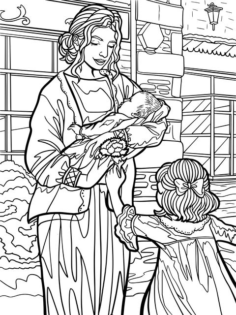 Heart - warming Parent - Child Interaction Coloring Page: Beautiful Moments Between Mother and Children