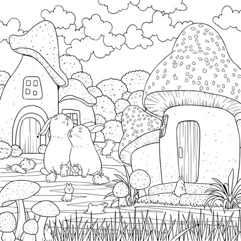 Rabbits beside Mushroom - shaped Houses