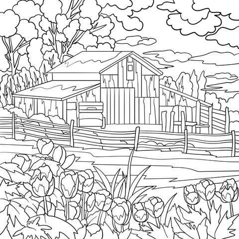 Rural Scenery Coloring Page: Cozy Barn and Blooming Flower Sea