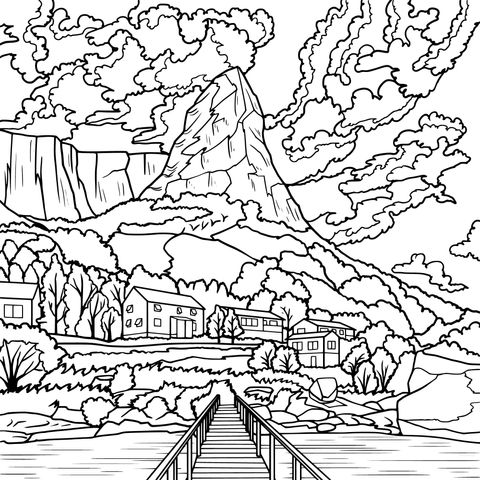 Beautiful Mountain Village Landscape Coloring Page