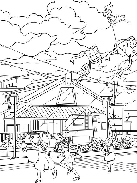 Children Flying Kites Outdoor Coloring Page