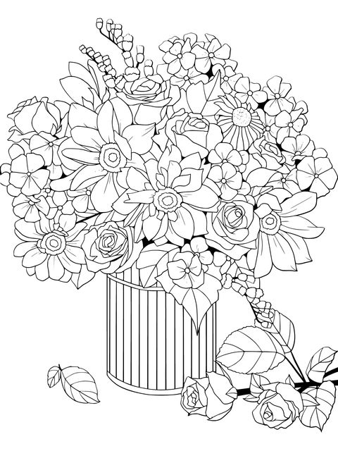 Página para colorir de um vaso com flores coloridas