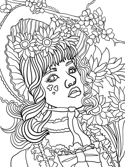 Página para colorir de uma mulher com estilo vintage e coroa de flores