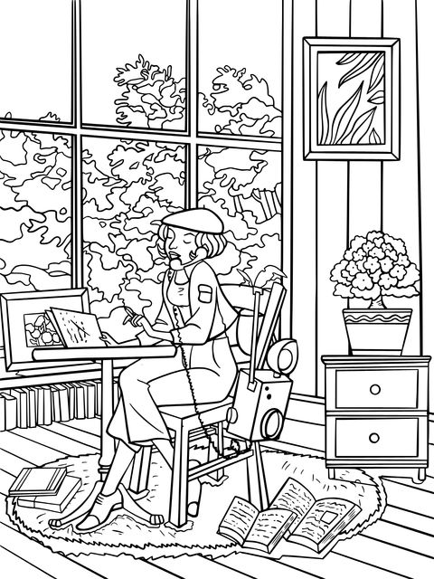 Cozy Scene Coloring Page of Enjoying Coloring Time