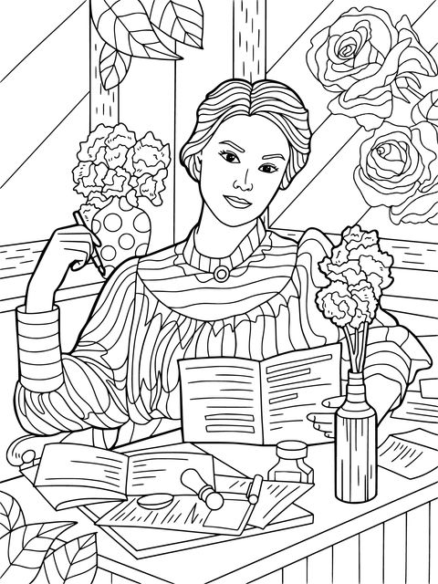 Vintage - style Lady Reading Book Coloring Page