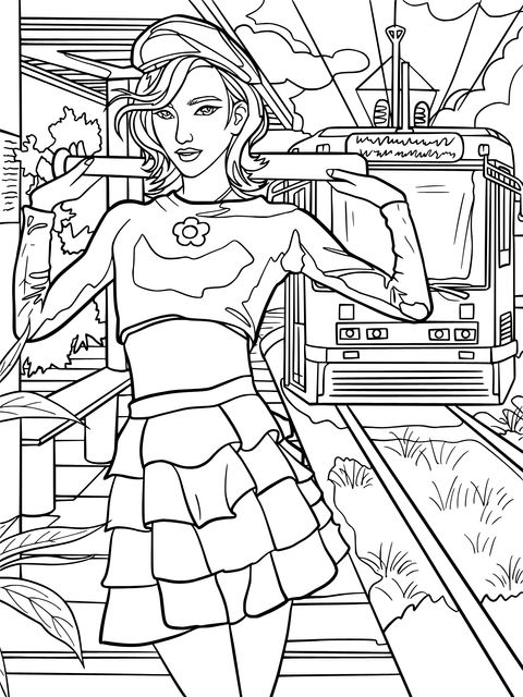 Fashionable Girl and Tram Coloring Page