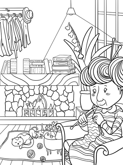 Coloring Page of an Old Grandma Knitting by a Cozy Fireplace