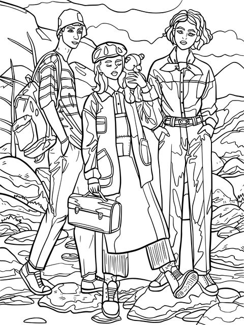 Three - person Outdoor Adventure Coloring Page