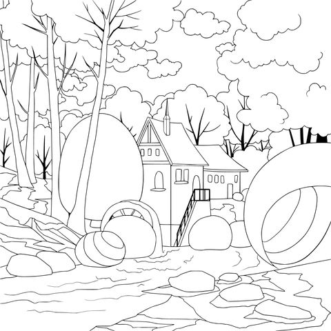 Autumn Countryside Scenery Coloring Page