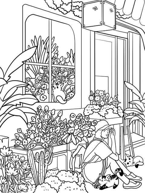 Cozy Garden Coloring Page of a Girl and Cats