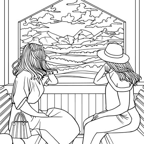 Dos chicas disfrutando de la vista en un tren - Hoja de colorear