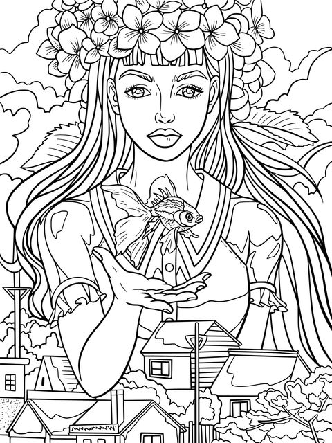 Girl and Goldfish Coloring Page