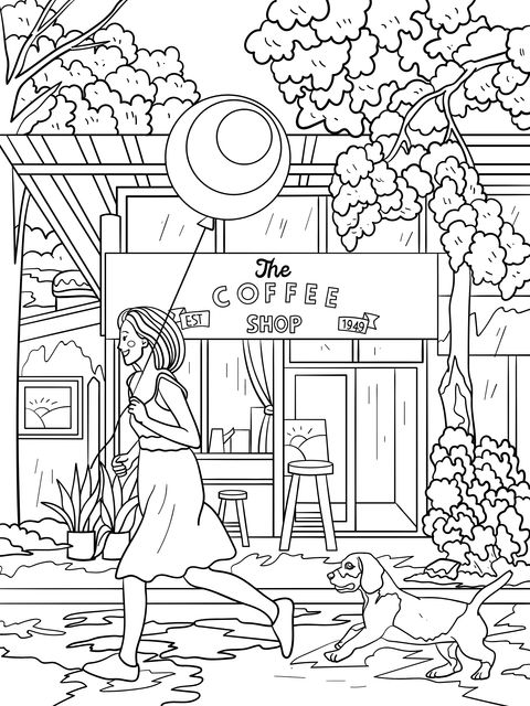 Coloring Page: Girl and Dog Strolling in Front of a Coffee Shop