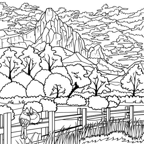 Rural Mountain Scenery with Birds Coloring Page