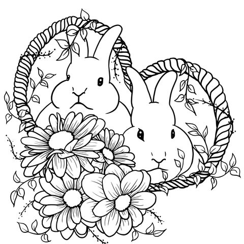 Página para colorir de coelhos e flores