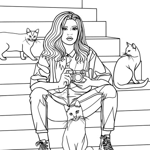 Coloring Page of a Photography - loving Girl with Cats