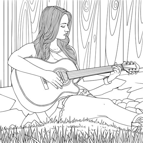 Página para colorir de uma garota tocando a guitarra