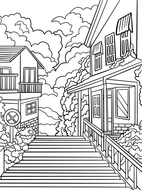 Cute Street Scenery Coloring Page